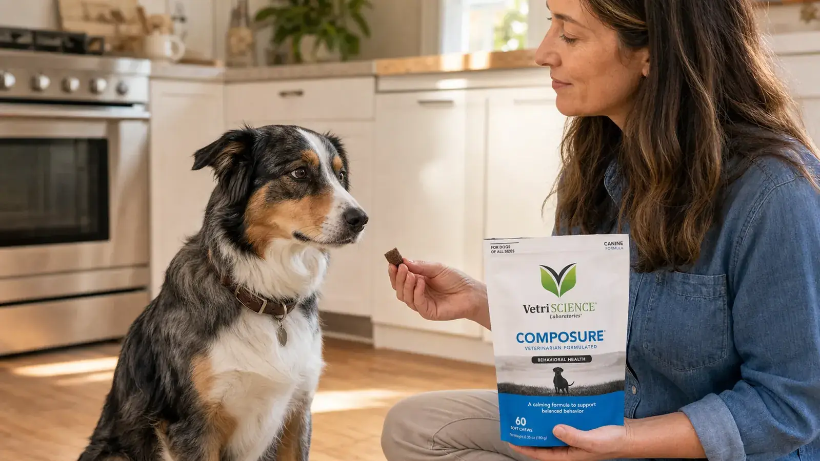 Hand offering a small soft chew to a nervous-looking dog