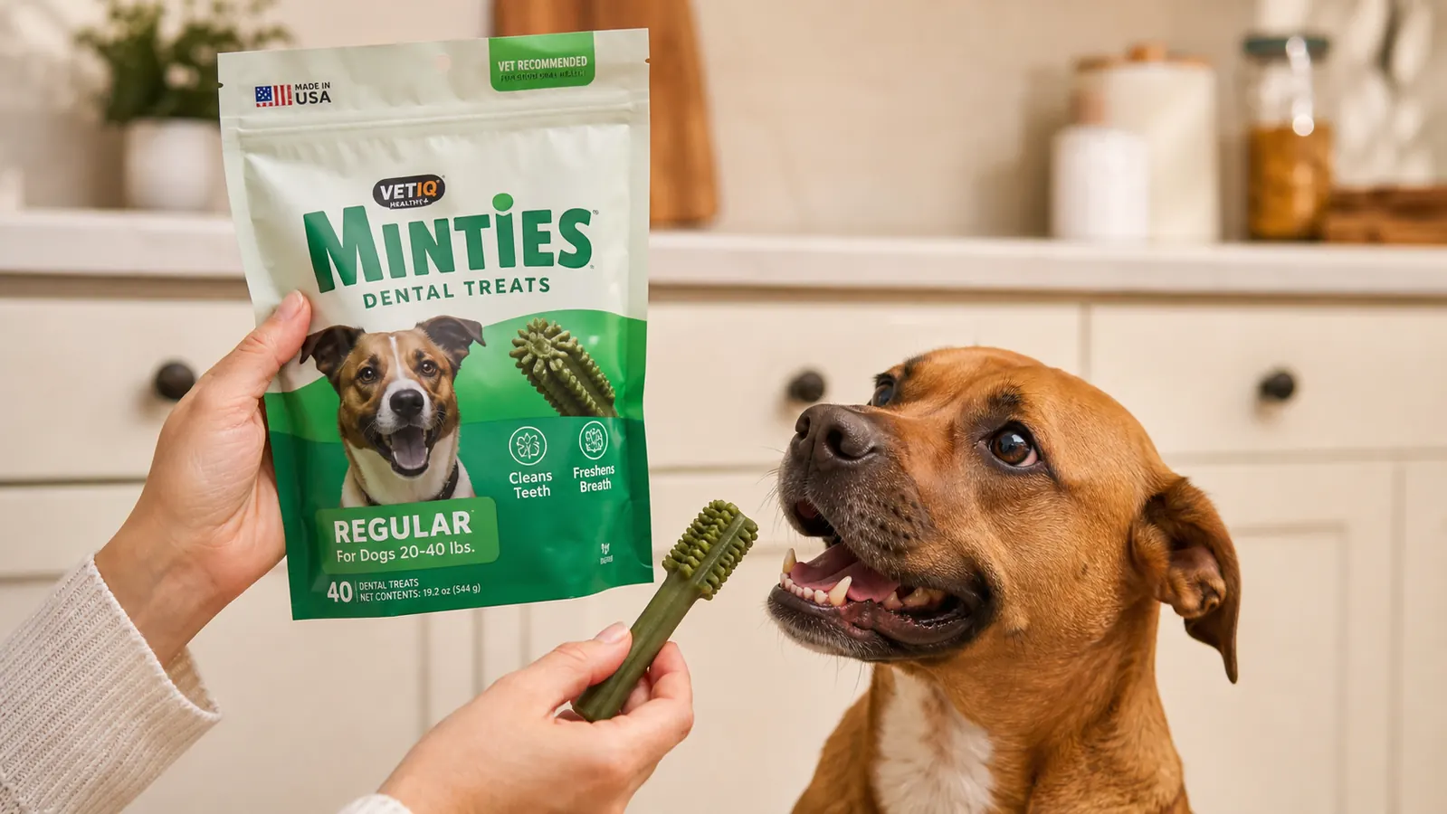 Hand offering a Minties dental chew to an eager medium-sized dog