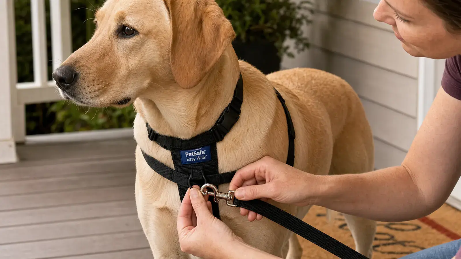 Close-up of a hand clipping the front leash ring on a PetSafe Easy Walk harness on a medium-sized dog