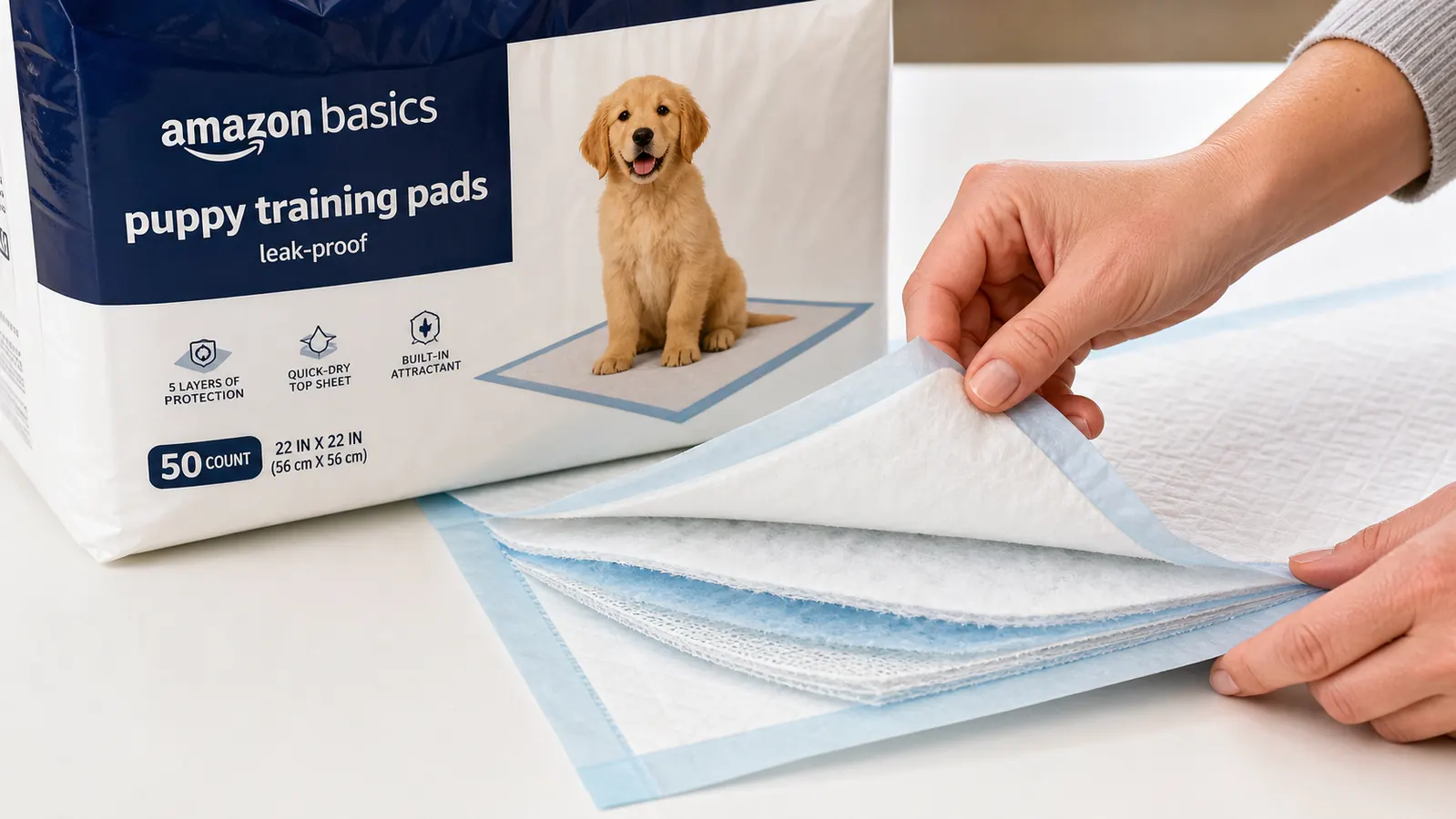 Hand peeling back the corner of an Amazon Basics puppy pad to show the five-layer cross section