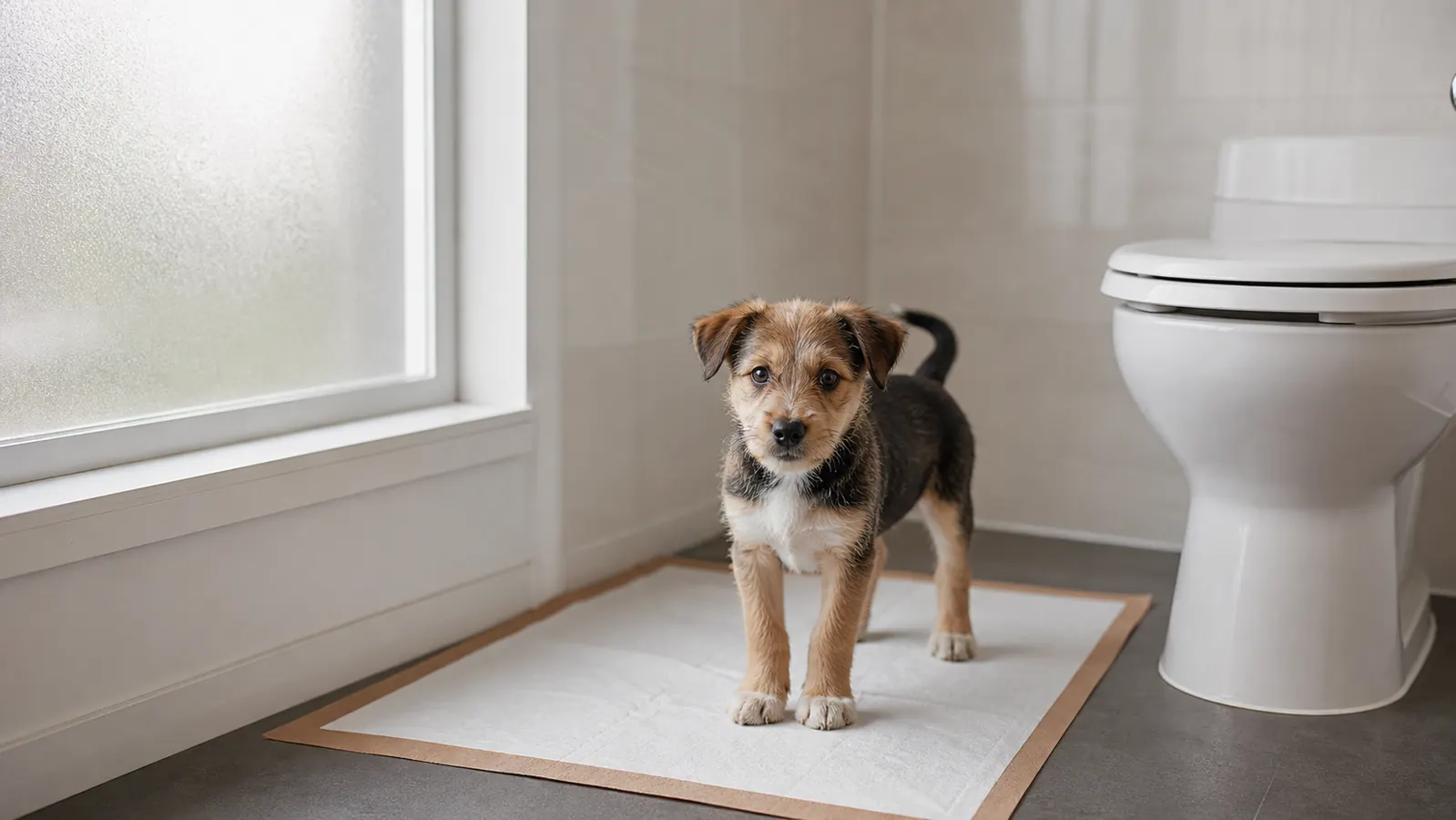 Puppy pad laid flat in a corner of a bathroom with a small dog standing on it