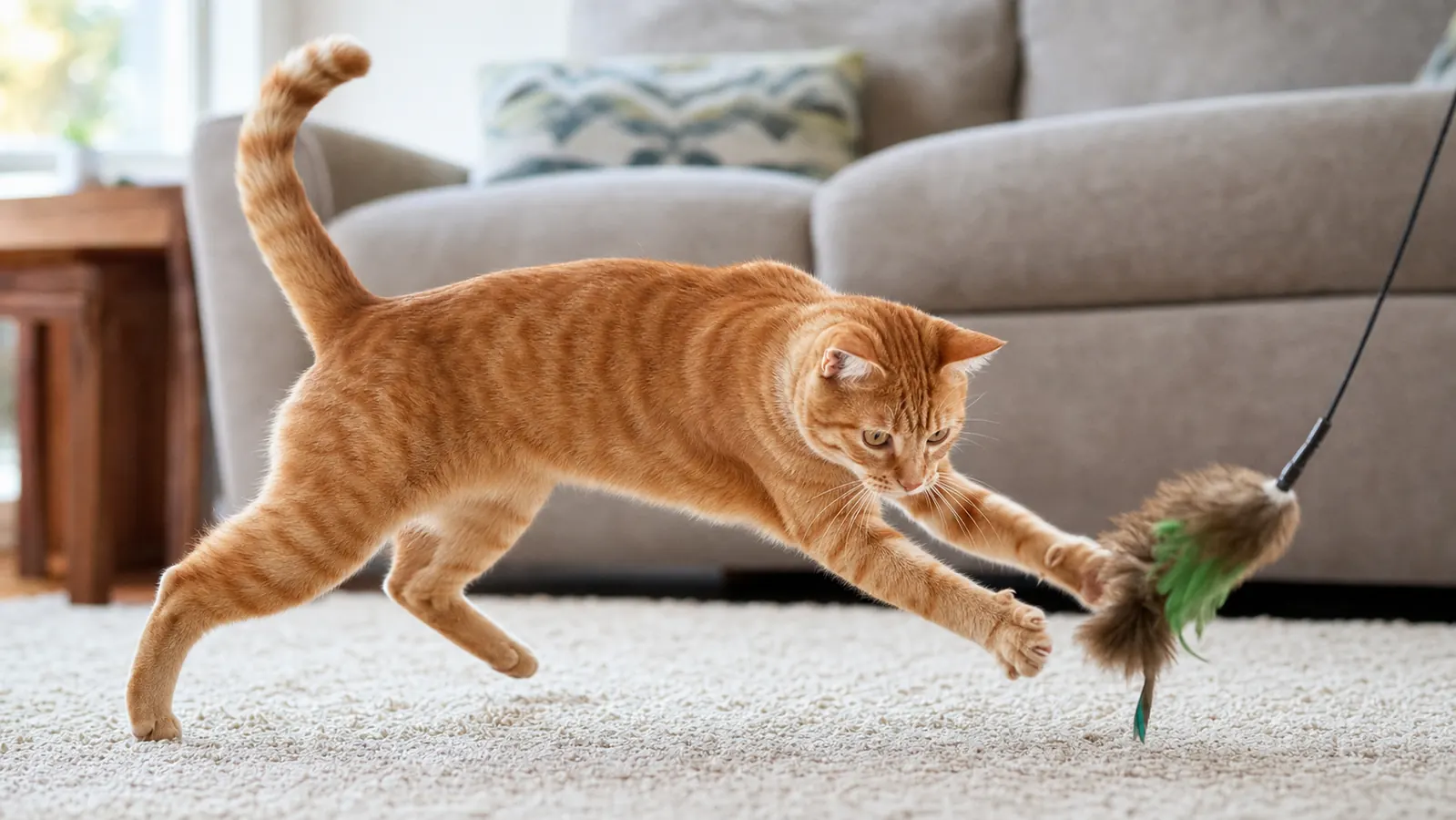 Tabby cat playing with a toy on the living room rug, looking more energetic