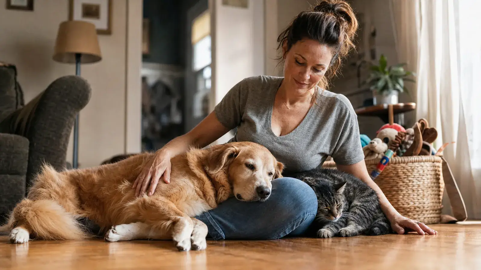 A dog owner sitting on the floor with a happy senior dog, warm afternoon light, lived-in living room