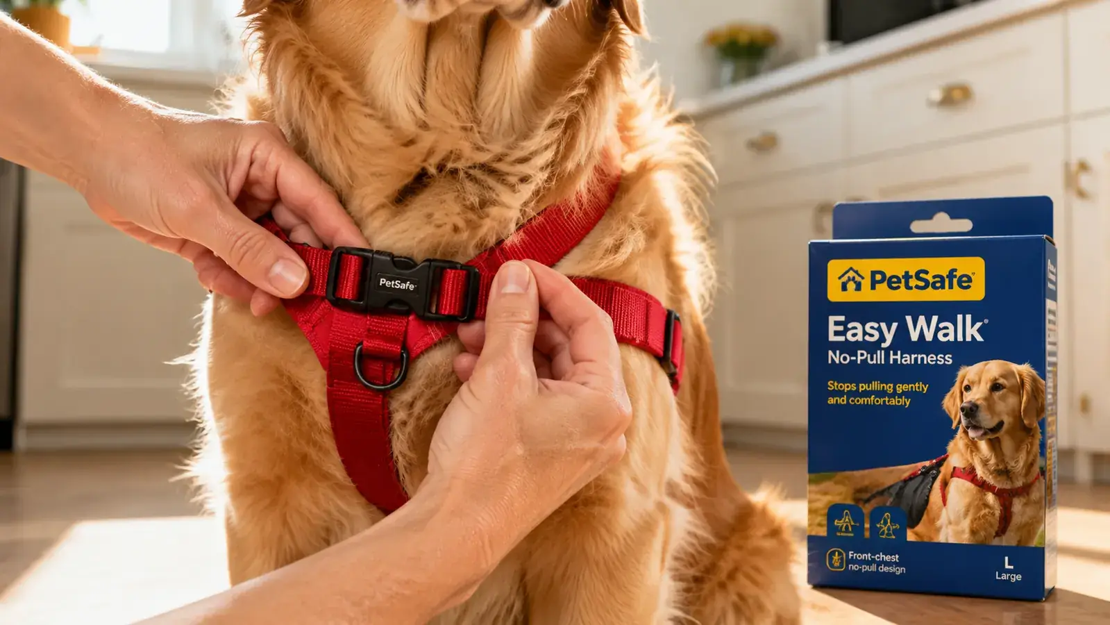 Close-up of the PetSafe Easy Walk harness front chest clip being fastened on a medium-large dog