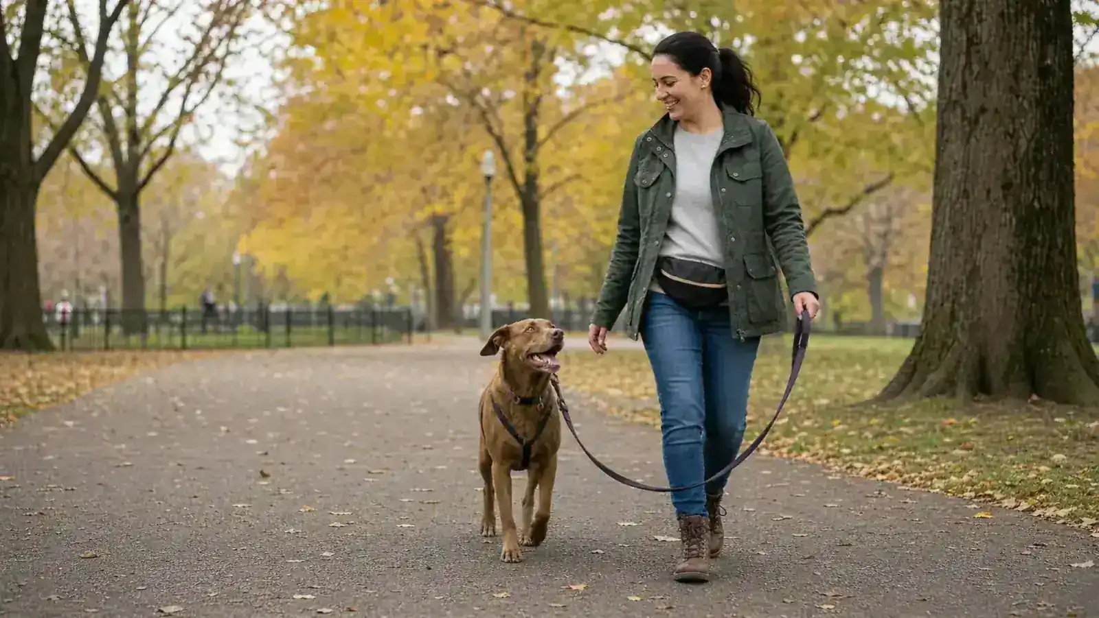 Dog walking loosely beside owner on leash in a neighborhood park, no tension on the leash