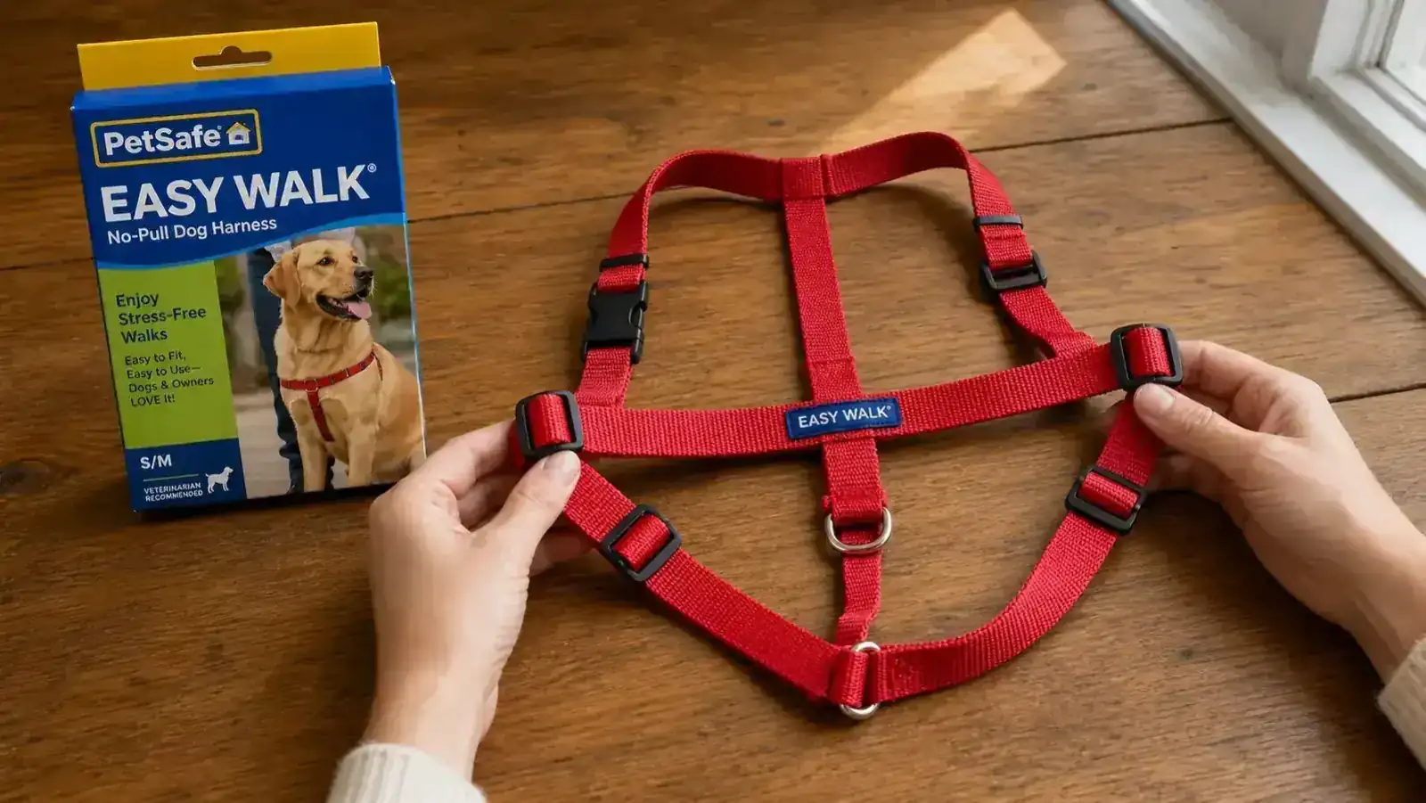 PetSafe Easy Walk harness laid flat showing the front-clip chest ring and adjustable straps