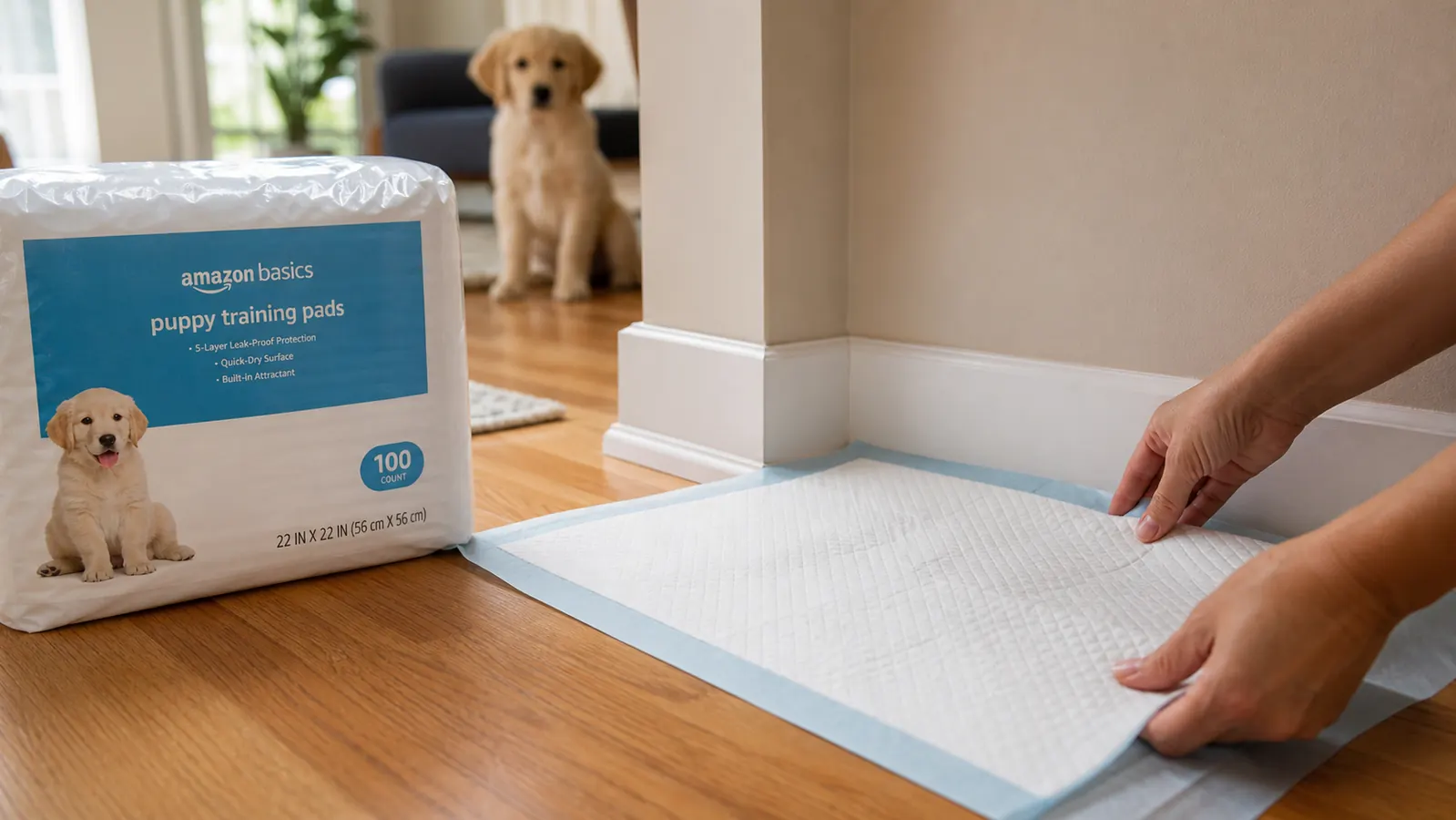 Close-up of a puppy pad on hardwood floor with a person placing it in a corner near a door