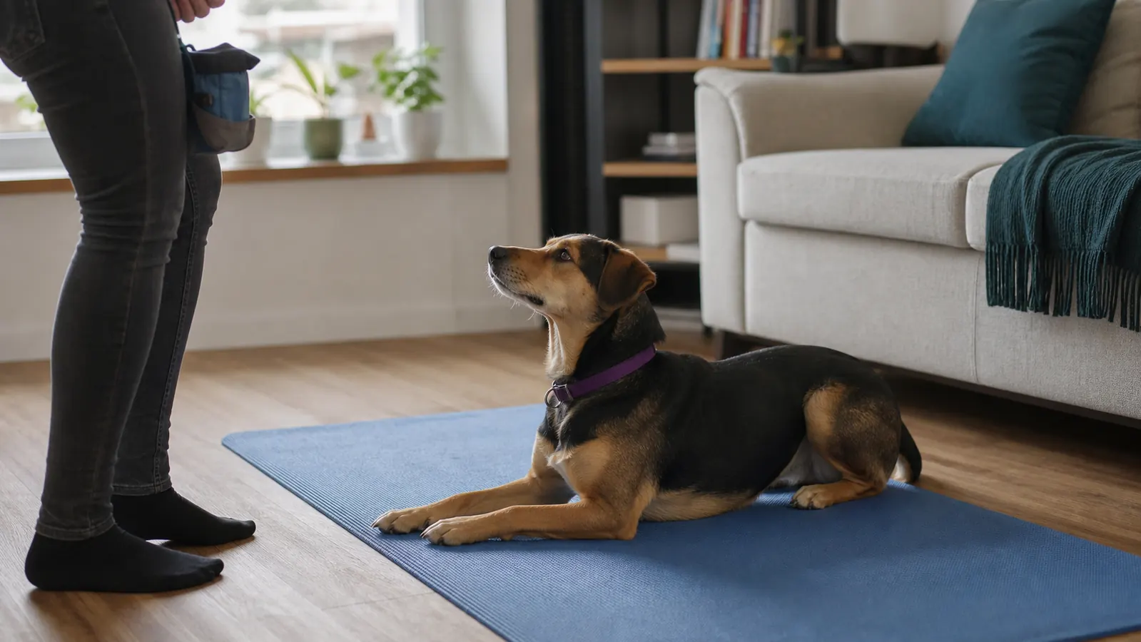 Dog on a mat performing a settle cue next to a treat pouch, calm indoors training session