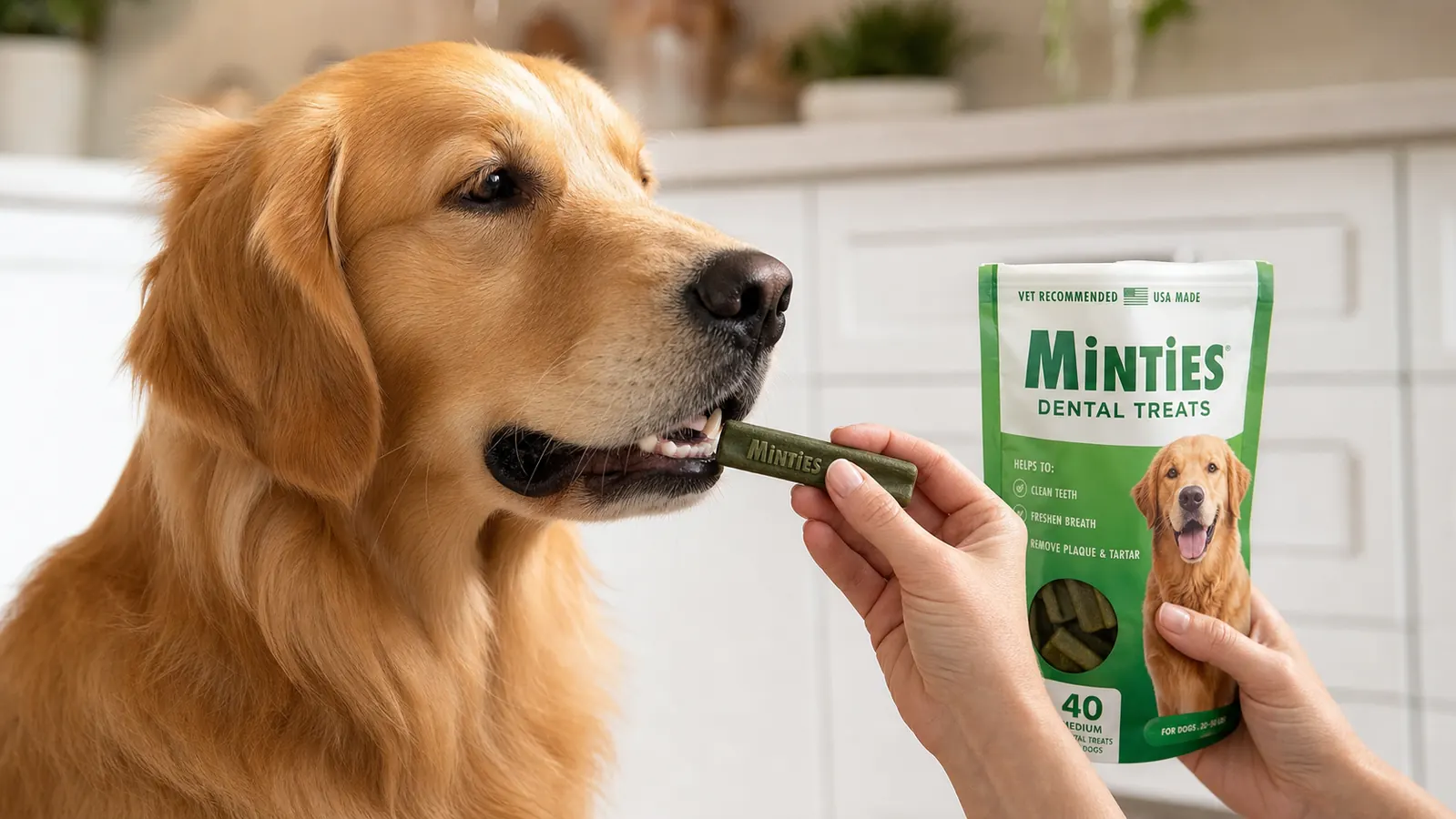 Hand holding a Minties dental chew next to a dog's open mouth showing plaque on lower teeth
