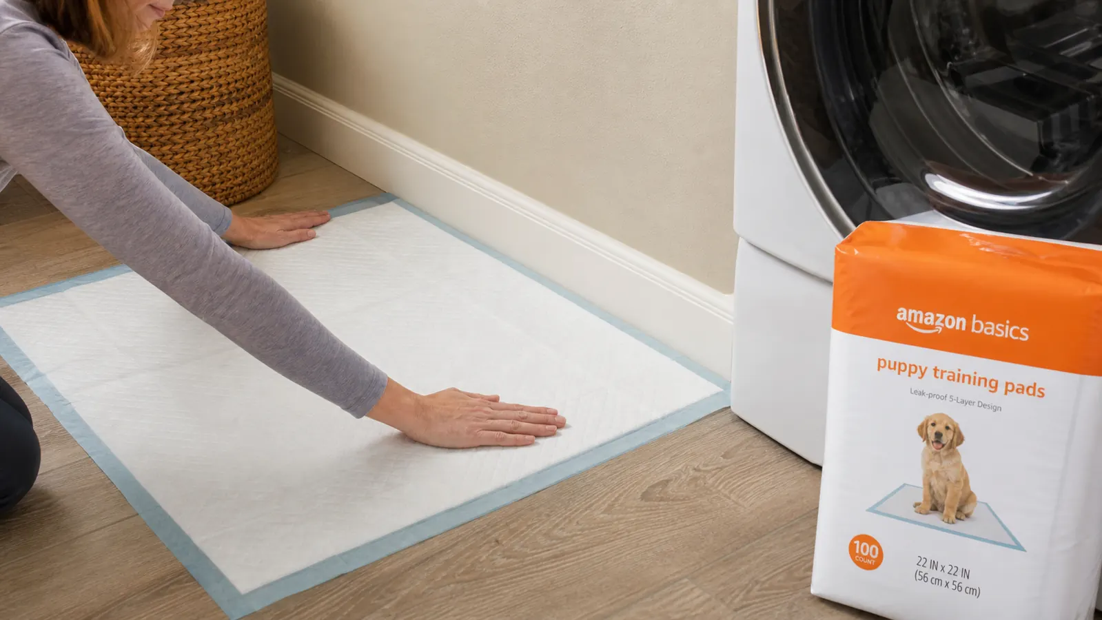Person placing a puppy pad flat in the corner of a room near a door