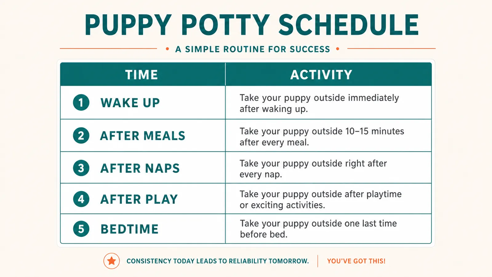 Simple daily puppy potty schedule chart showing times from 6am to 10pm