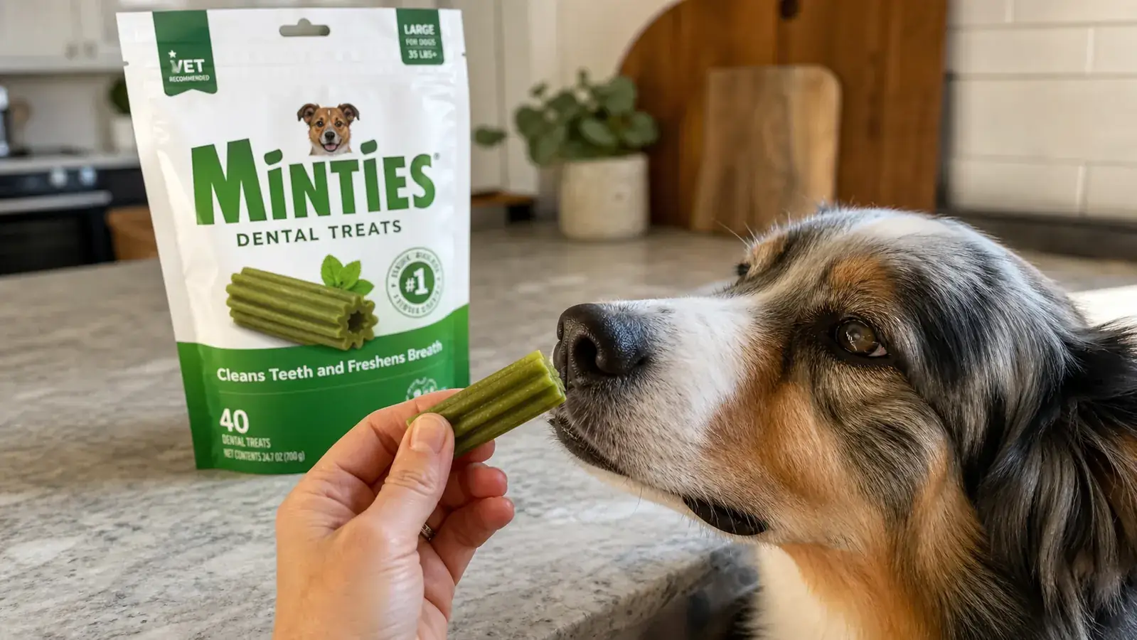 A hand holding a green Minties dental chew treat over a dog's nose while the dog sniffs it eagerly