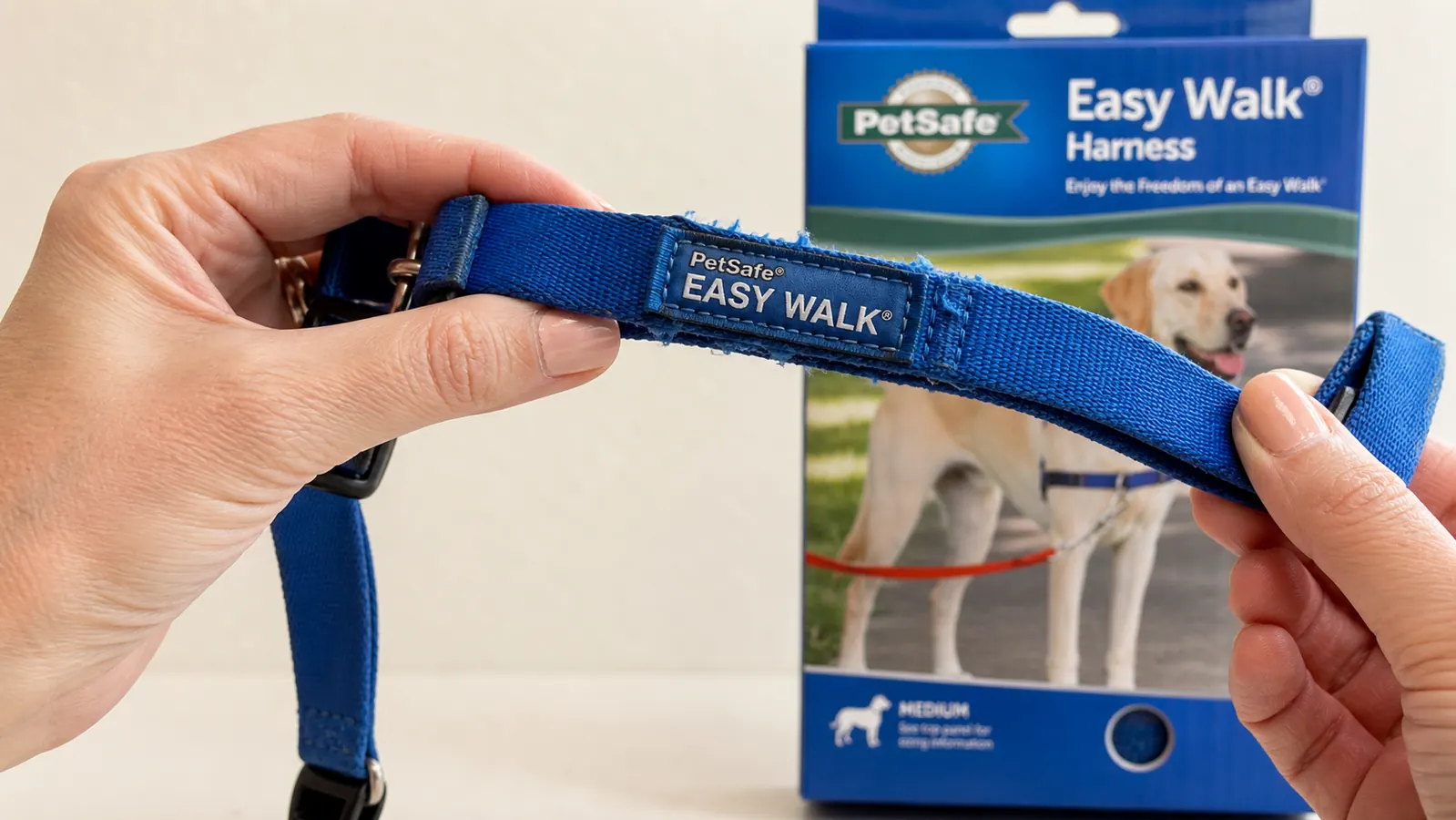 Worn PetSafe Easy Walk harness showing slight fraying at the shoulder strap after months of heavy use