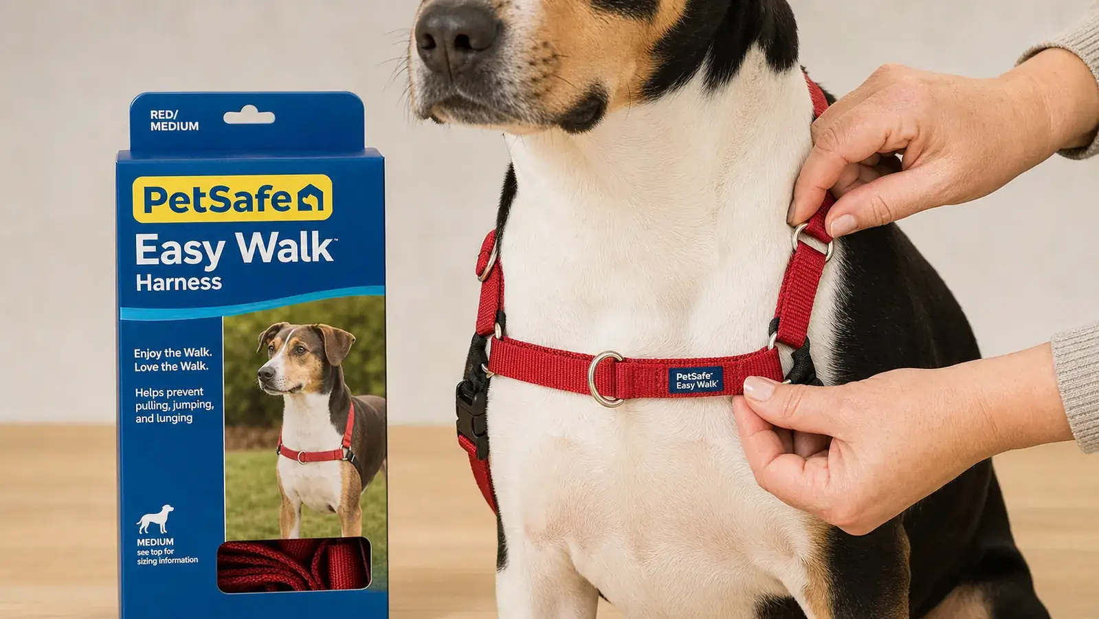 Close-up of the PetSafe Easy Walk harness front chest ring and martingale loop on a dog