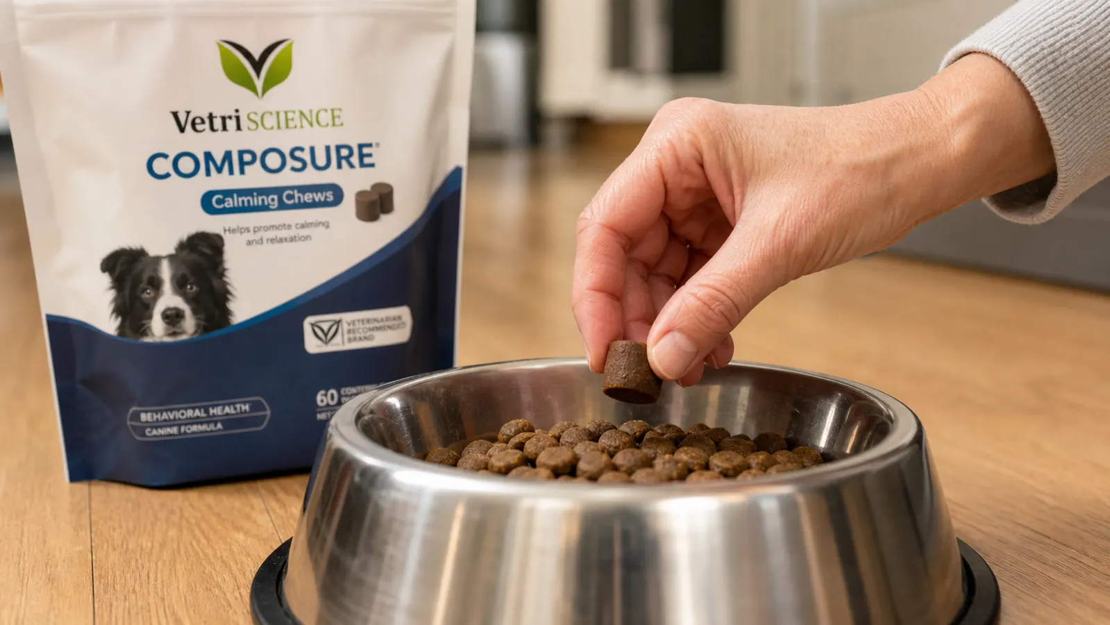 Hand placing a VetriScience Composure calming chew on top of a dog's kibble in a stainless steel bowl