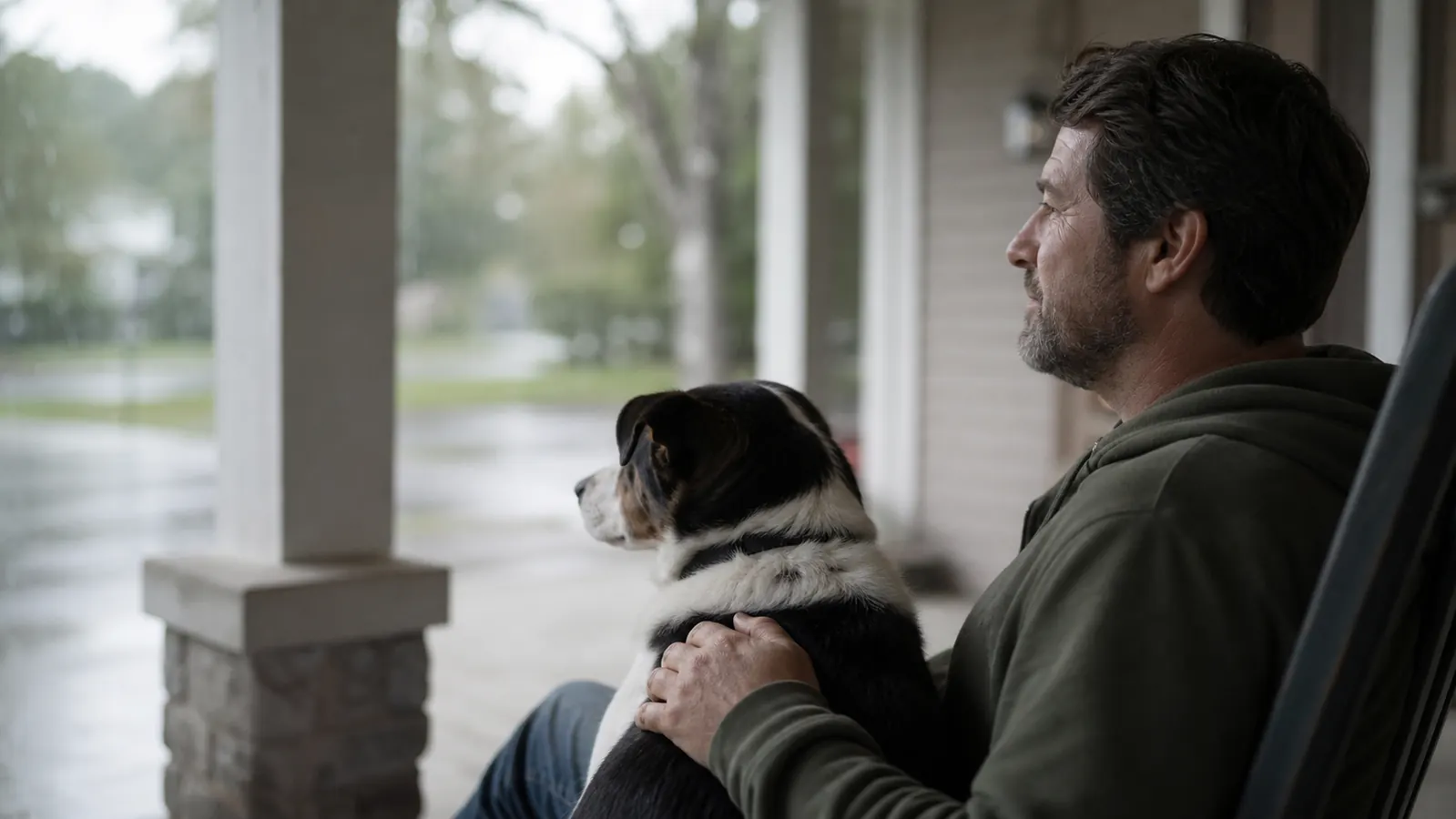 Dog and owner sitting calmly together on a front porch during what appears to be a thunderstorm outside