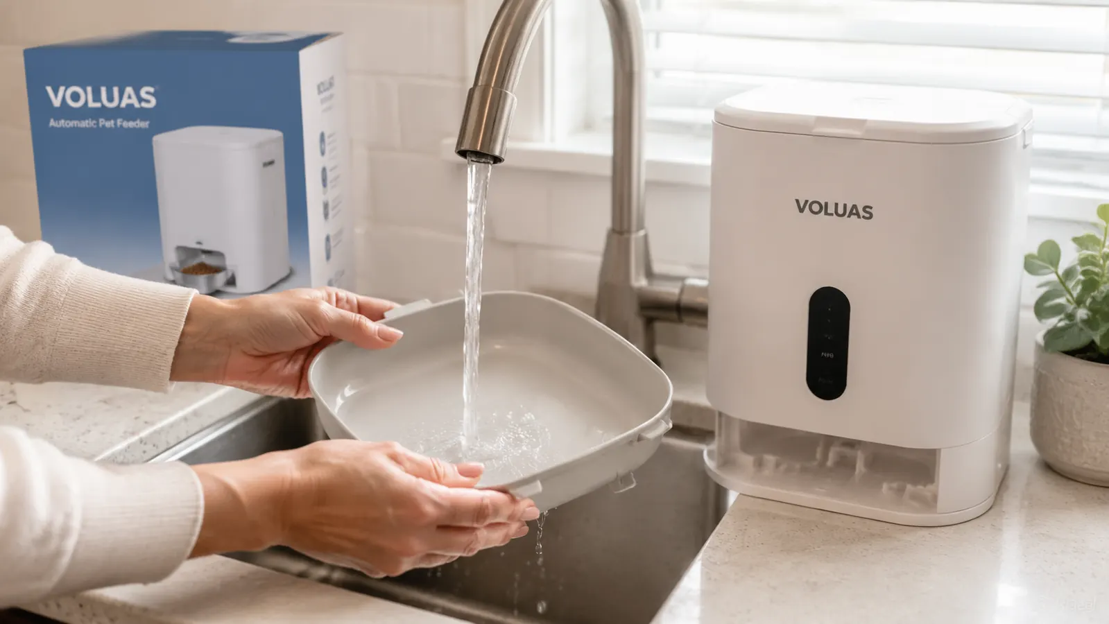 Person removing the food tray from the VOLUAS feeder for cleaning at a kitchen sink